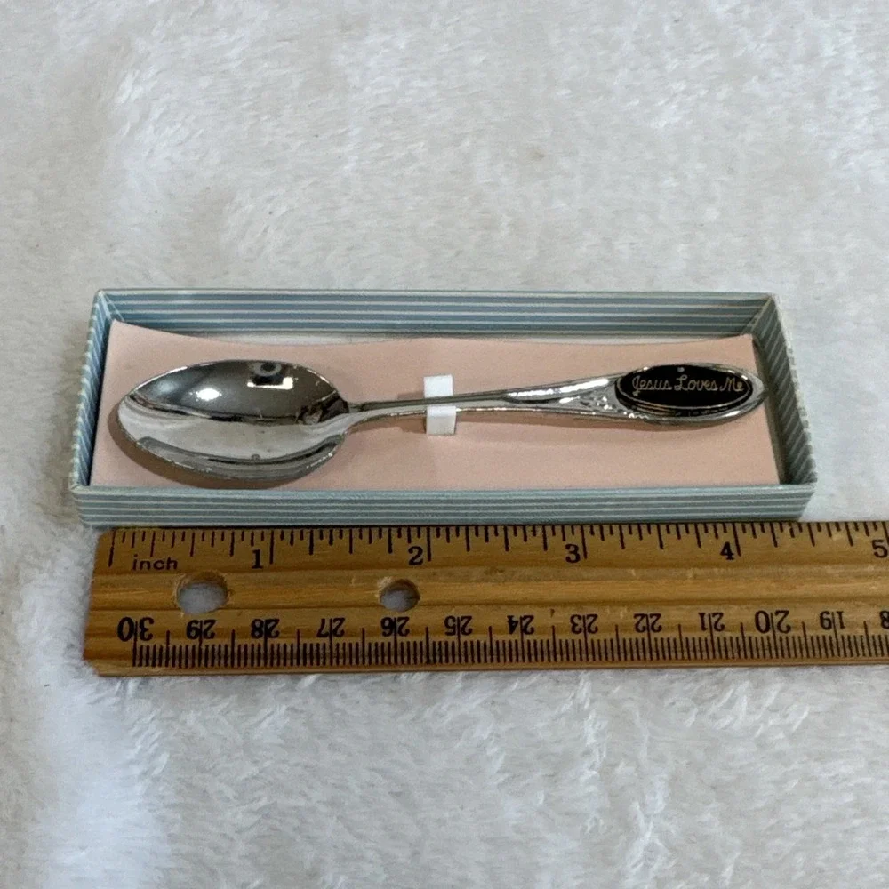 Vintage Silver Tone Jesus Loves Me Baby Spoon Keepsake with Box